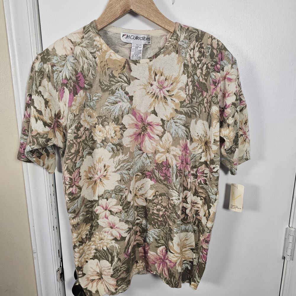 NWT Vintage JH Sweater Lambswool Angora Med Floral Fuzzy Muted Roses NOS